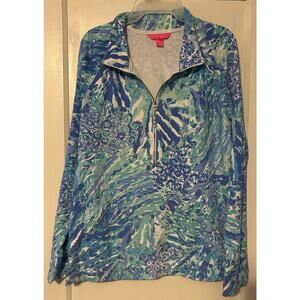 Lilly Pulitzer Skipper Popover Top  Large Floral 1/4 Zip Blue Turquoise BB